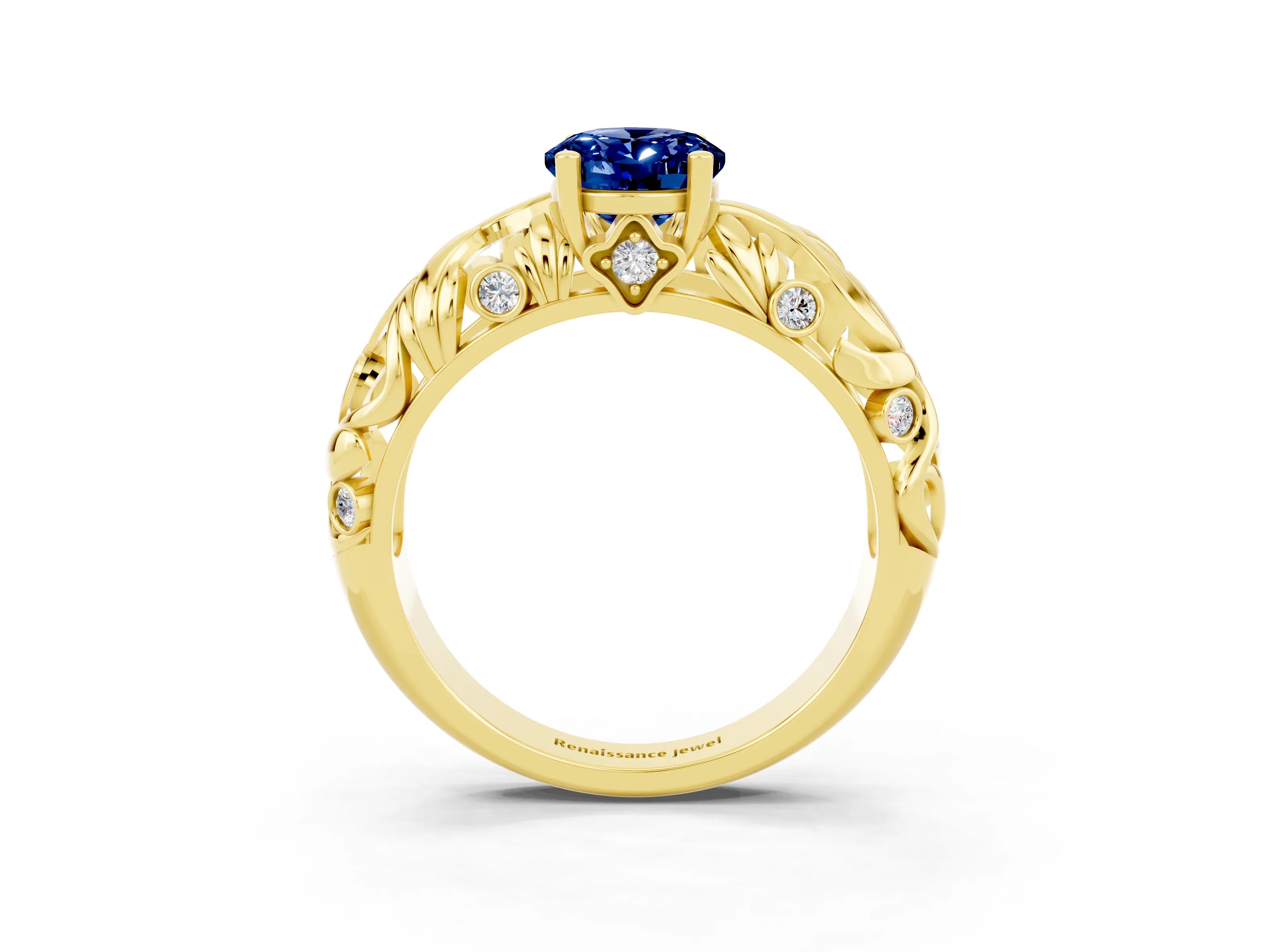 Yellow gold Oval Cut Solitaire Blue Sapphire Leaf-Inspired Vine Band Ring with Prong Setting_3