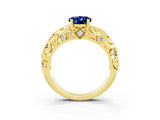 Yellow gold Oval Cut Solitaire Blue Sapphire Leaf-Inspired Vine Band Ring with Prong Setting_3