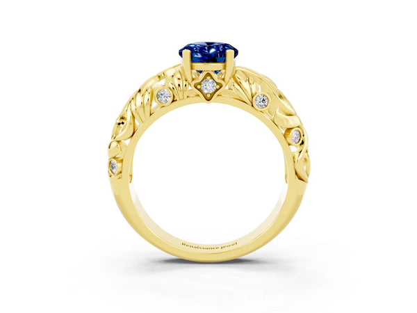 Yellow gold Oval Cut Solitaire Blue Sapphire Leaf-Inspired Vine Band Ring with Prong Setting