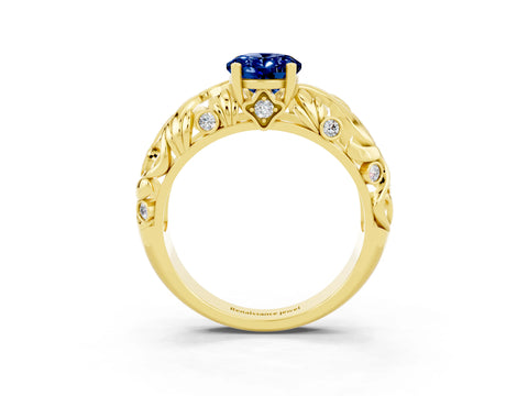 Yellow gold Oval Cut Solitaire Blue Sapphire Leaf-Inspired Vine Band Ring with Prong Setting_3