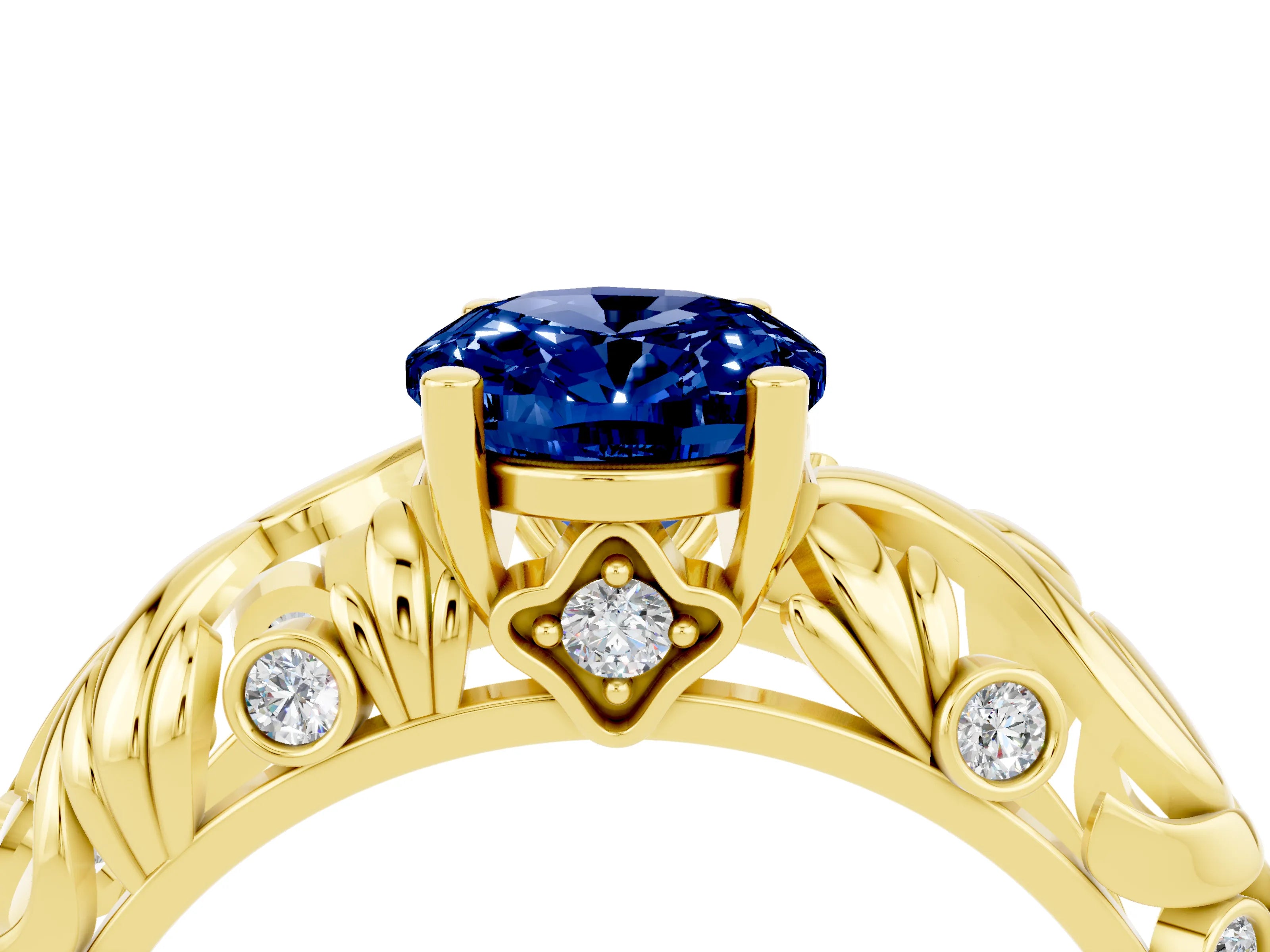 Yellow gold Oval Cut Solitaire Blue Sapphire Leaf-Inspired Vine Band Ring with Prong Setting_4