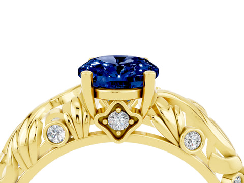 Yellow gold Oval Cut Solitaire Blue Sapphire Leaf-Inspired Vine Band Ring with Prong Setting_4