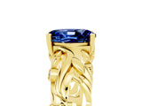 Yellow gold Oval Cut Solitaire Blue Sapphire Leaf-Inspired Vine Band Ring with Prong Setting_5