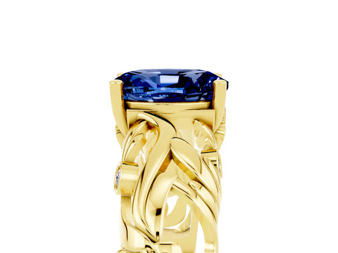 Yellow gold Oval Cut Solitaire Blue Sapphire Leaf-Inspired Vine Band Ring with Prong Setting_5