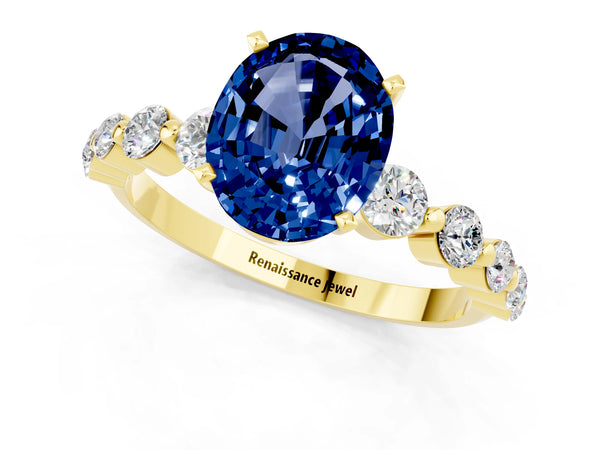 Yellow gold Oval Cut Solitaire Blue Sapphire Ring with Pave Band and Four-Prong Setting