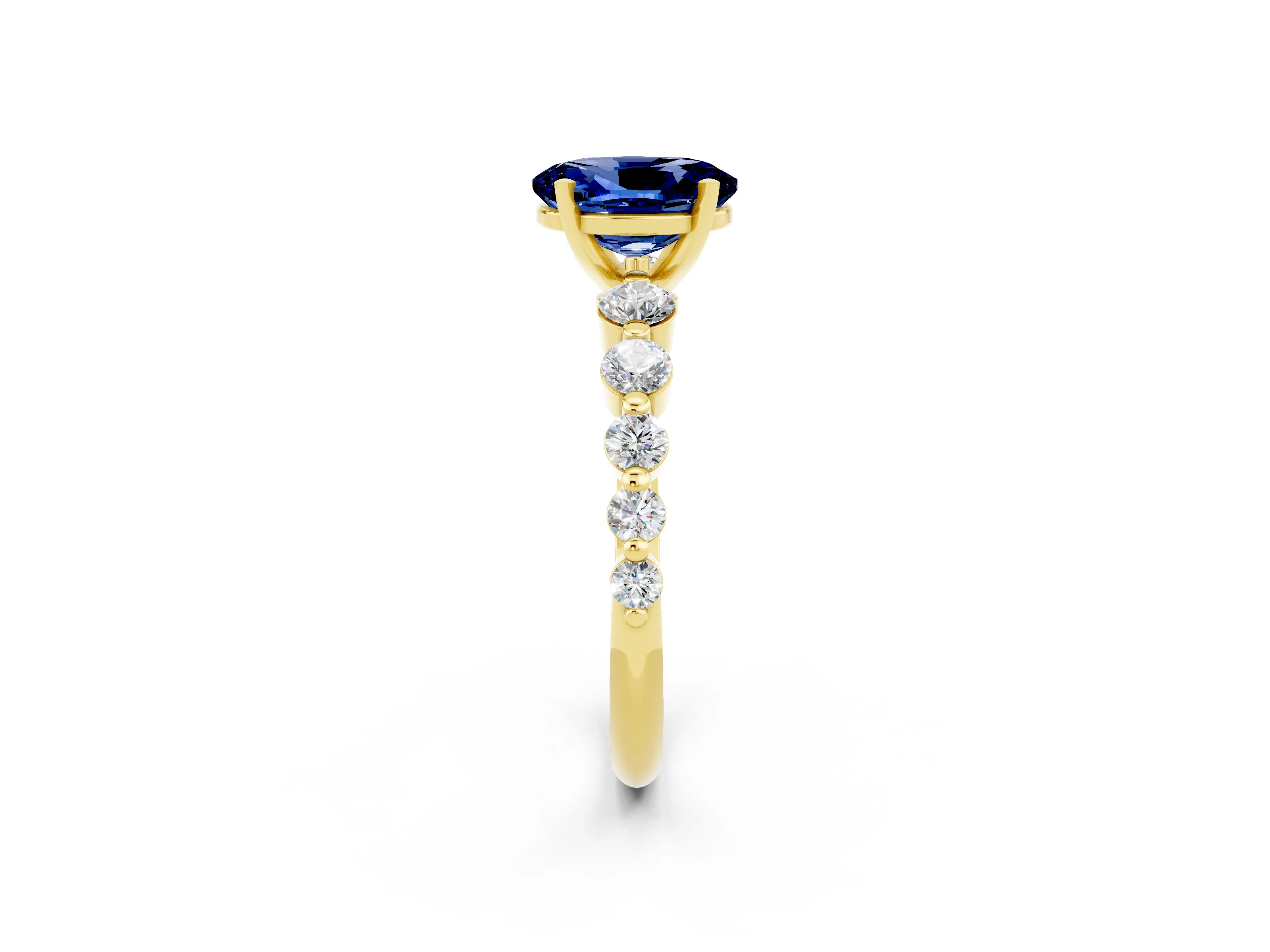 Yellow gold Oval Cut Solitaire Blue Sapphire Ring with Pave Band and Four-Prong Setting_2