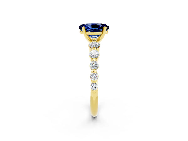 Yellow gold Oval Cut Solitaire Blue Sapphire Ring with Pave Band and Four-Prong Setting