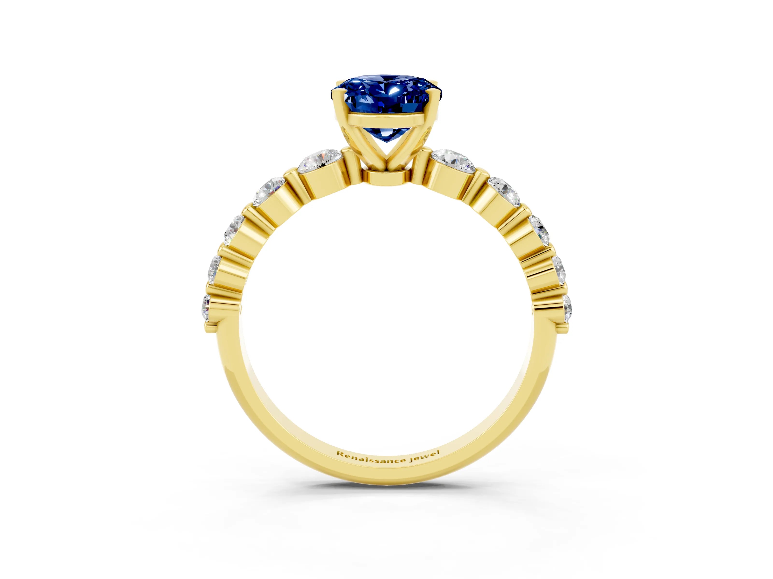 Yellow gold Oval Cut Solitaire Blue Sapphire Ring with Pave Band and Four-Prong Setting_3