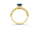 Yellow gold Oval Cut Solitaire Blue Sapphire Ring with Pave Band and Four-Prong Setting_3