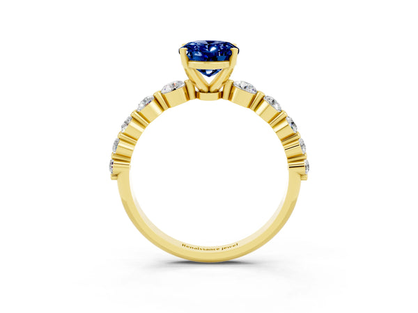 Yellow gold Oval Cut Solitaire Blue Sapphire Ring with Pave Band and Four-Prong Setting