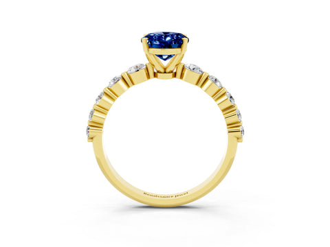 Yellow gold Oval Cut Solitaire Blue Sapphire Ring with Pave Band and Four-Prong Setting_3