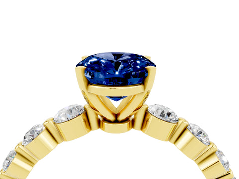 Yellow gold Oval Cut Solitaire Blue Sapphire Ring with Pave Band and Four-Prong Setting_4
