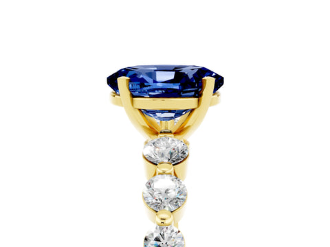 Yellow gold Oval Cut Solitaire Blue Sapphire Ring with Pave Band and Four-Prong Setting_5