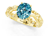 Yellow gold Oval Cut Solitaire Blue Topaz Leaf-Inspired Vine Band Ring with Prong Setting_1