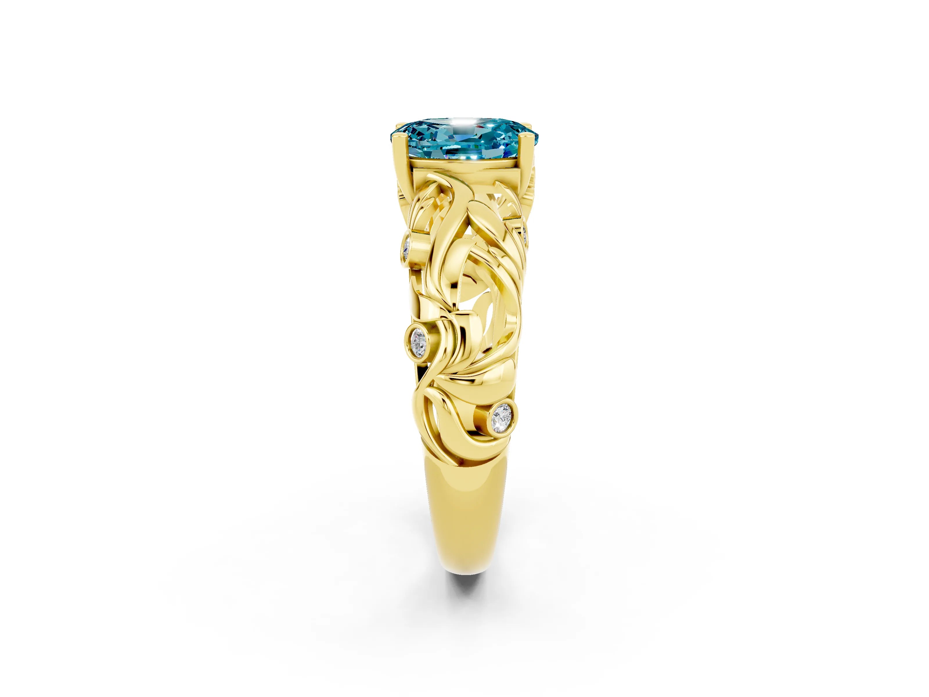 Yellow gold Oval Cut Solitaire Blue Topaz Leaf-Inspired Vine Band Ring with Prong Setting_2