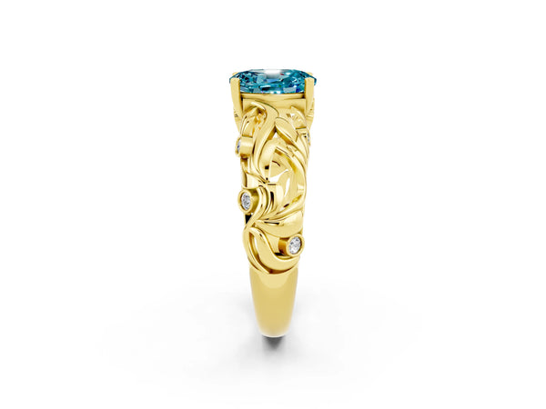 Yellow gold Oval Cut Solitaire Blue Topaz Leaf-Inspired Vine Band Ring with Prong Setting