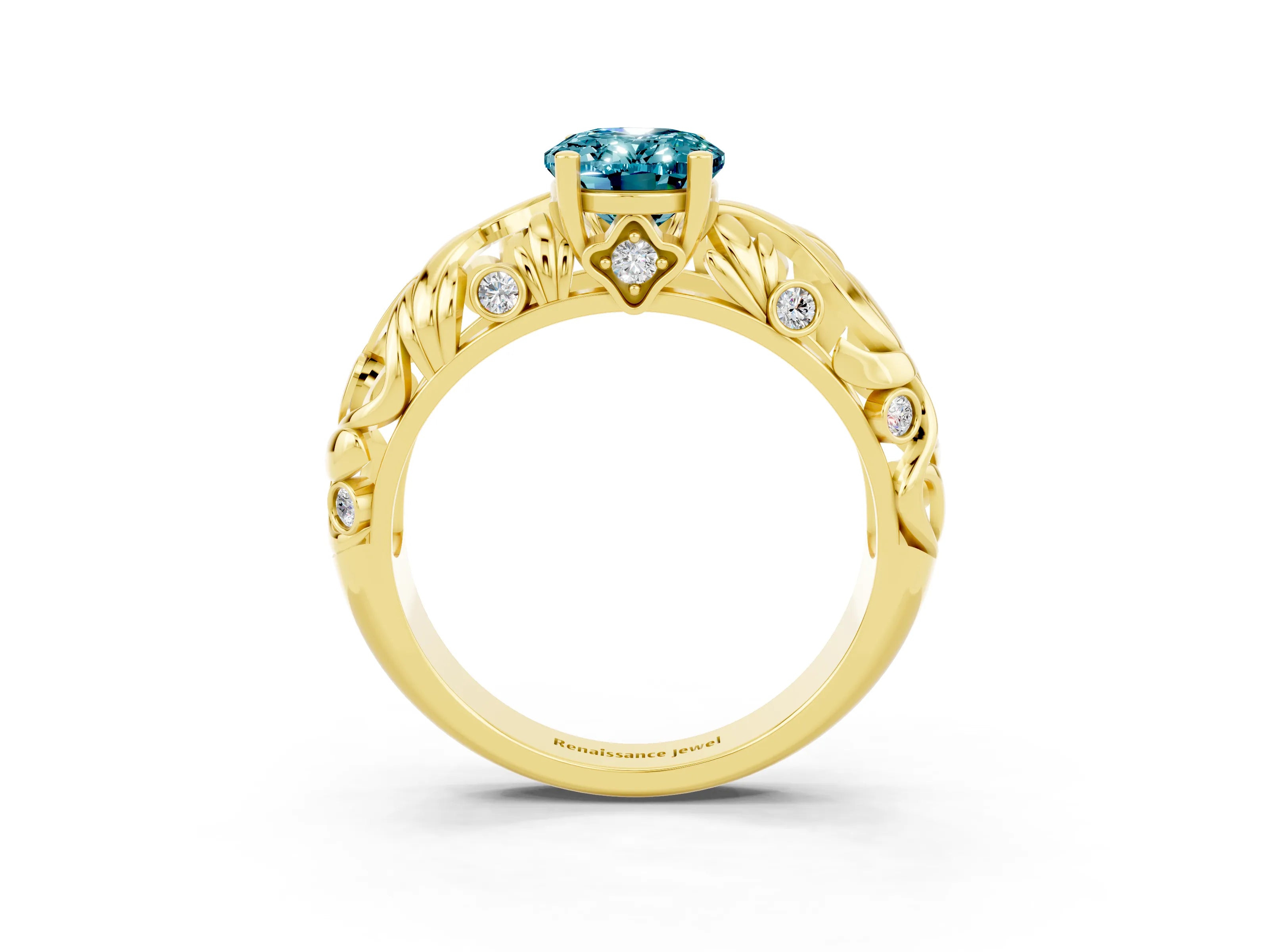 Yellow gold Oval Cut Solitaire Blue Topaz Leaf-Inspired Vine Band Ring with Prong Setting_3