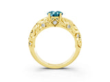 Yellow gold Oval Cut Solitaire Blue Topaz Leaf-Inspired Vine Band Ring with Prong Setting_3