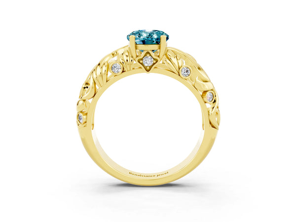 Yellow gold Oval Cut Solitaire Blue Topaz Leaf-Inspired Vine Band Ring with Prong Setting