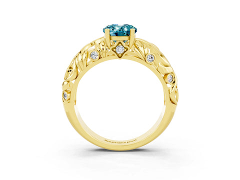 Yellow gold Oval Cut Solitaire Blue Topaz Leaf-Inspired Vine Band Ring with Prong Setting_3