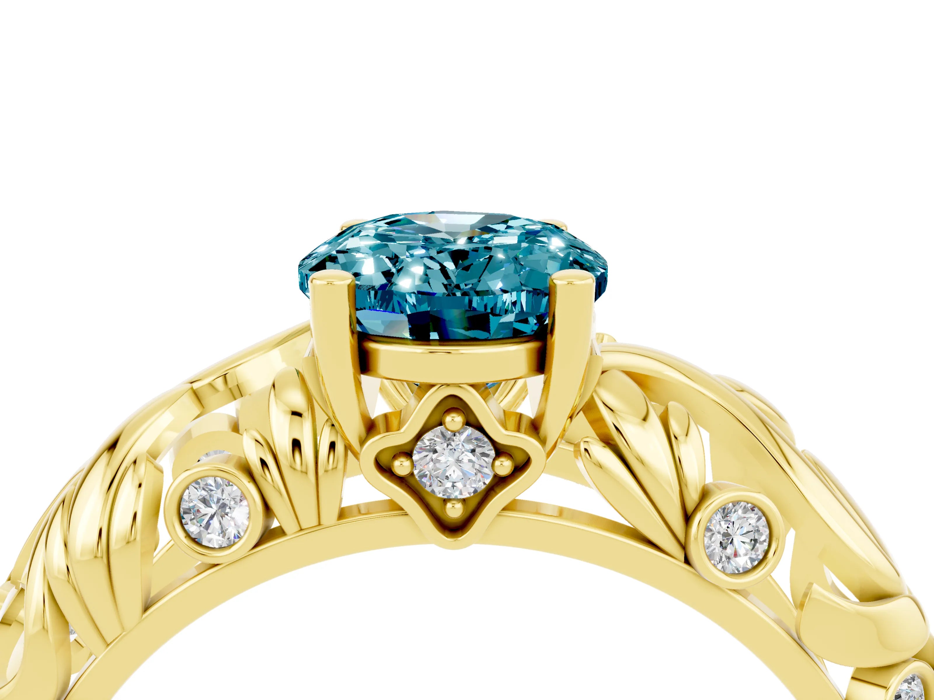 Yellow gold Oval Cut Solitaire Blue Topaz Leaf-Inspired Vine Band Ring with Prong Setting_4