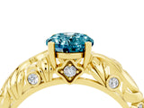 Yellow gold Oval Cut Solitaire Blue Topaz Leaf-Inspired Vine Band Ring with Prong Setting_4