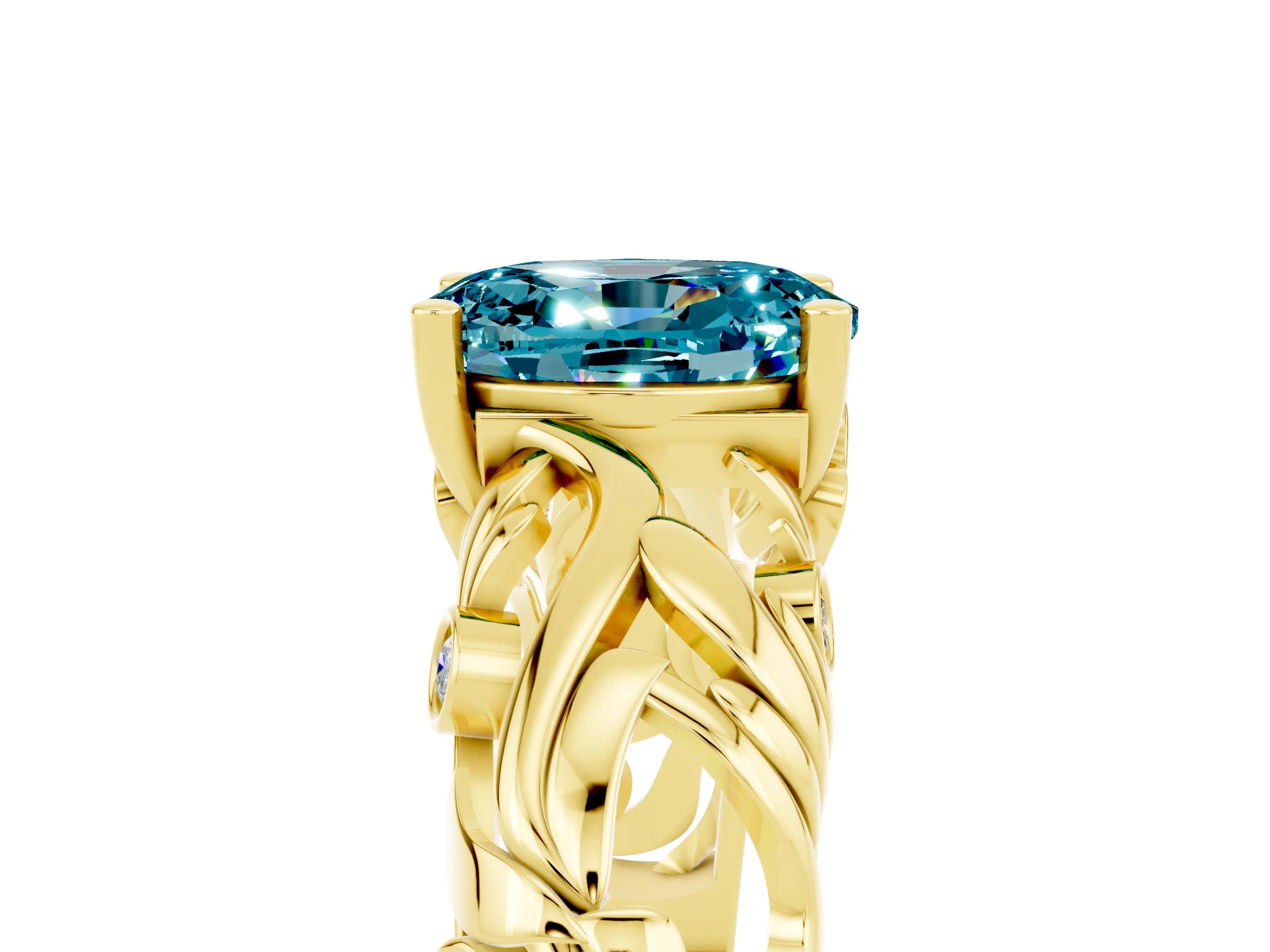 Yellow gold Oval Cut Solitaire Blue Topaz Leaf-Inspired Vine Band Ring with Prong Setting_5
