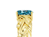 Yellow gold Oval Cut Solitaire Blue Topaz Leaf-Inspired Vine Band Ring with Prong Setting_5