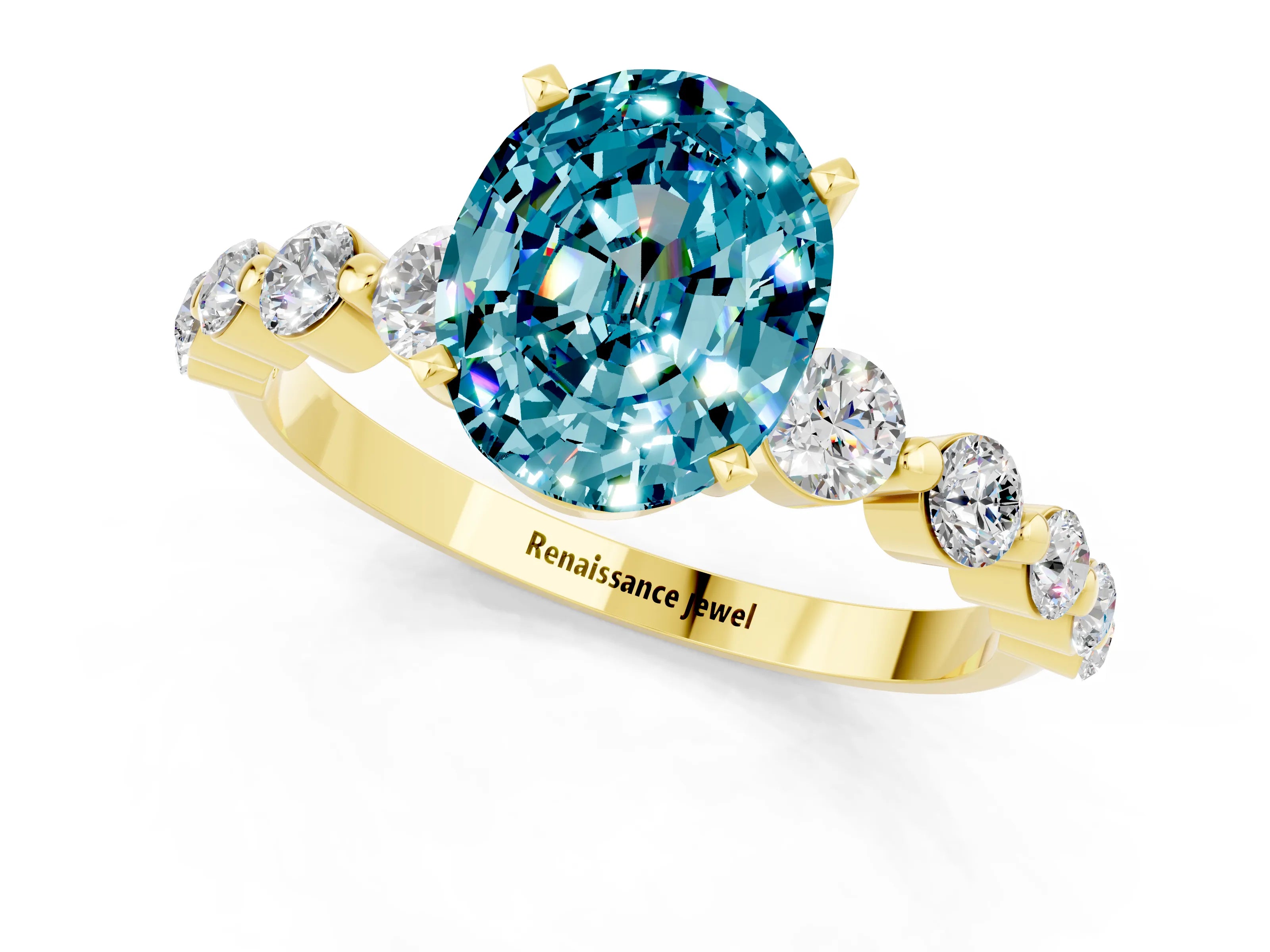 Yellow gold Oval Cut Solitaire Blue Topaz Ring with Pave Band and Four-Prong Setting_1