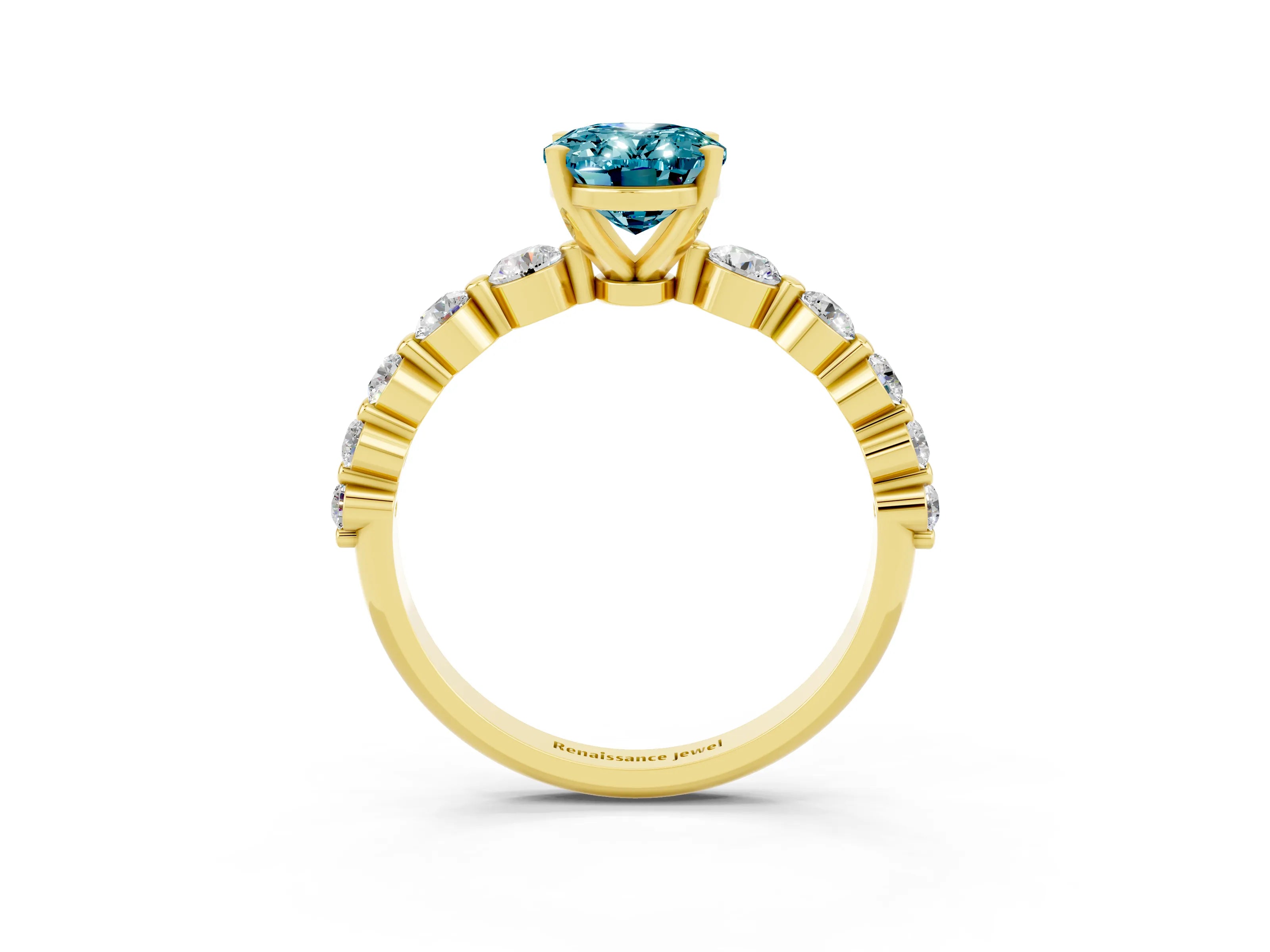 Yellow gold Oval Cut Solitaire Blue Topaz Ring with Pave Band and Four-Prong Setting_3