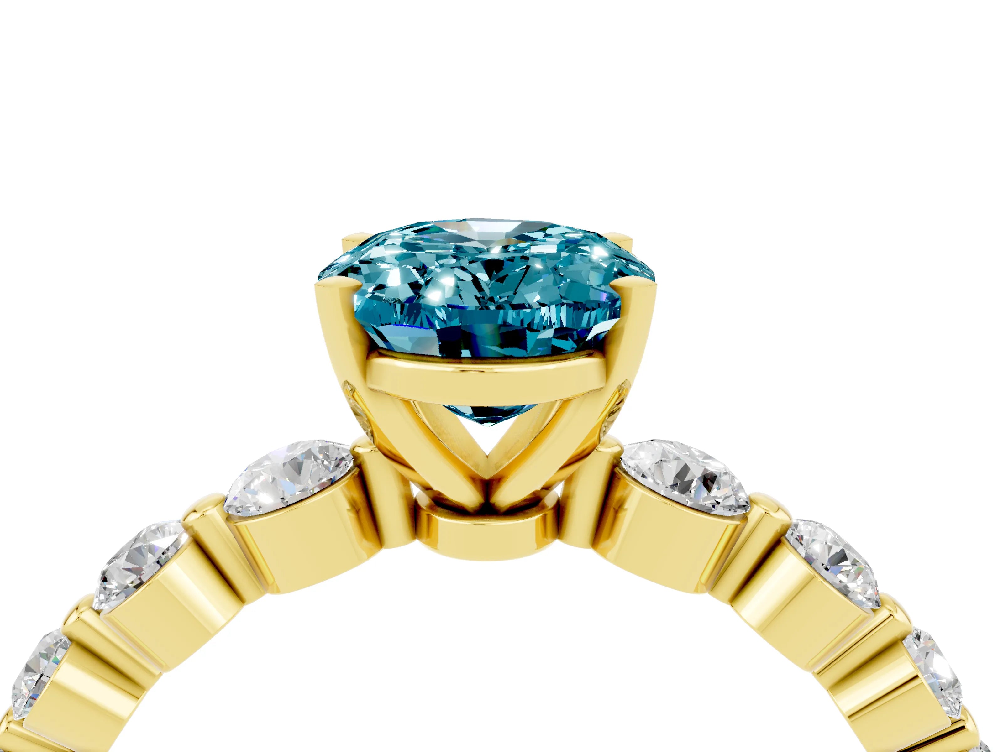 Yellow gold Oval Cut Solitaire Blue Topaz Ring with Pave Band and Four-Prong Setting_4