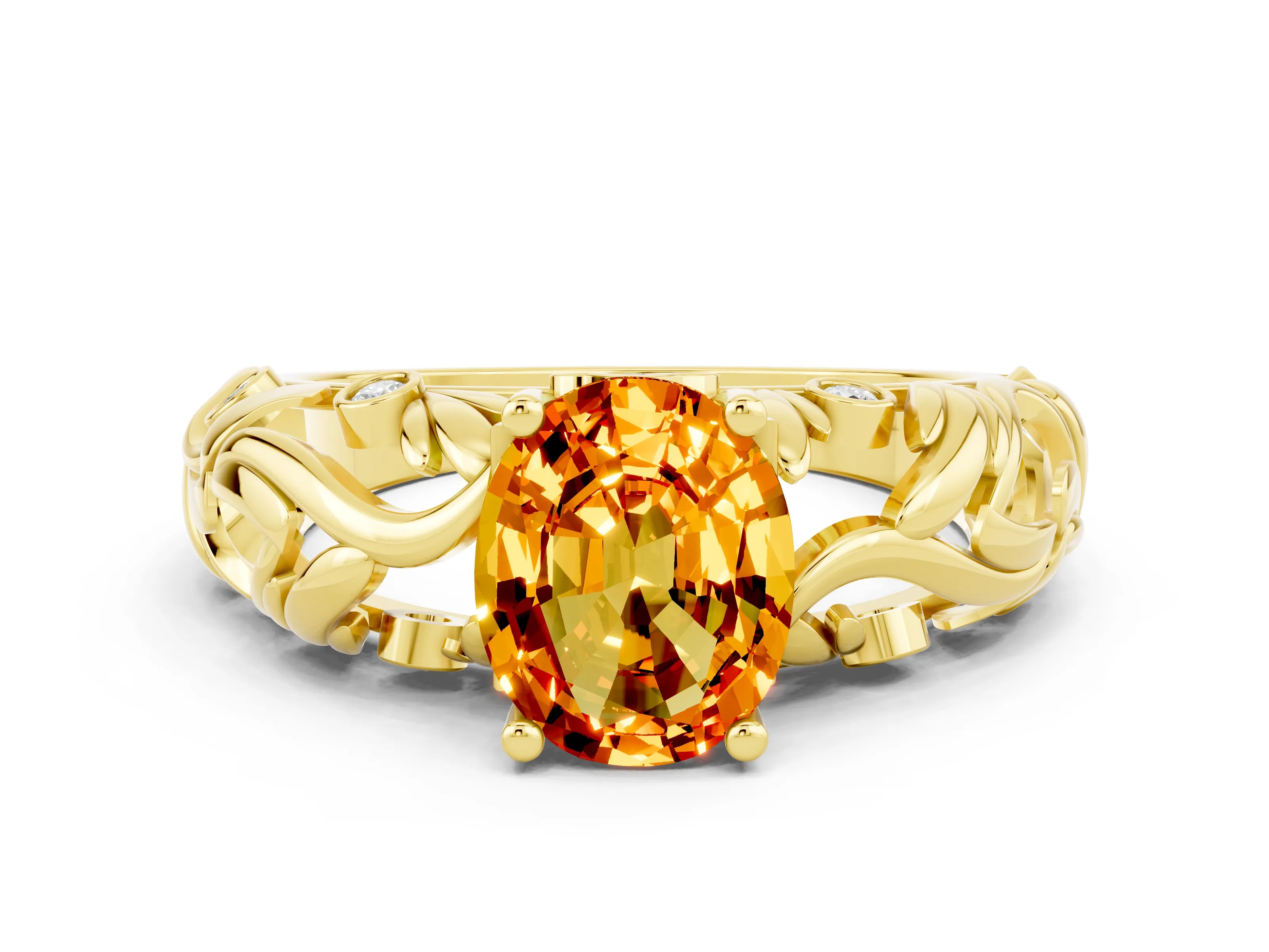 Yellow gold Oval Cut Solitaire Citrine Leaf-Inspired Vine Band Ring with Prong Setting