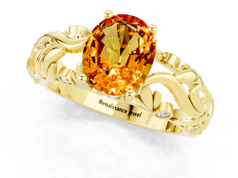 Yellow gold Oval Cut Solitaire Citrine Leaf-Inspired Vine Band Ring with Prong Setting_1