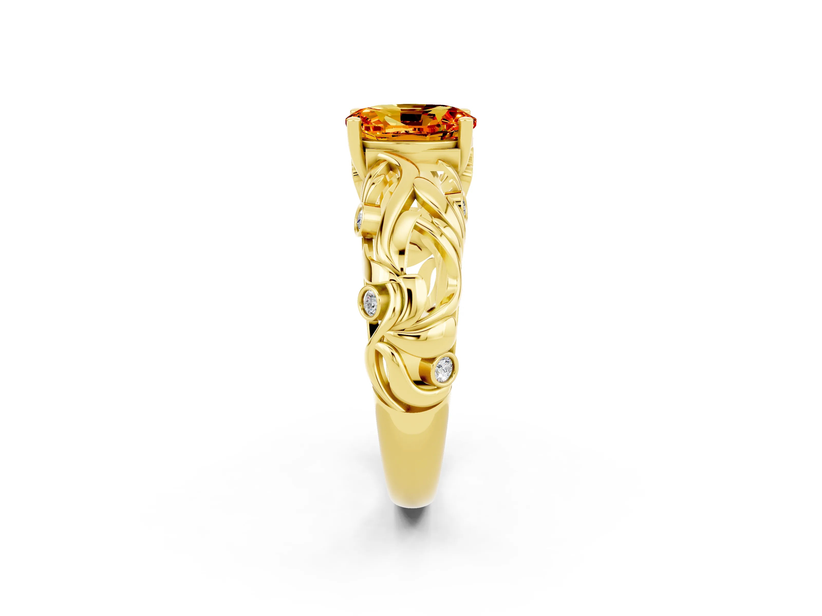 Yellow gold Oval Cut Solitaire Citrine Leaf-Inspired Vine Band Ring with Prong Setting_2