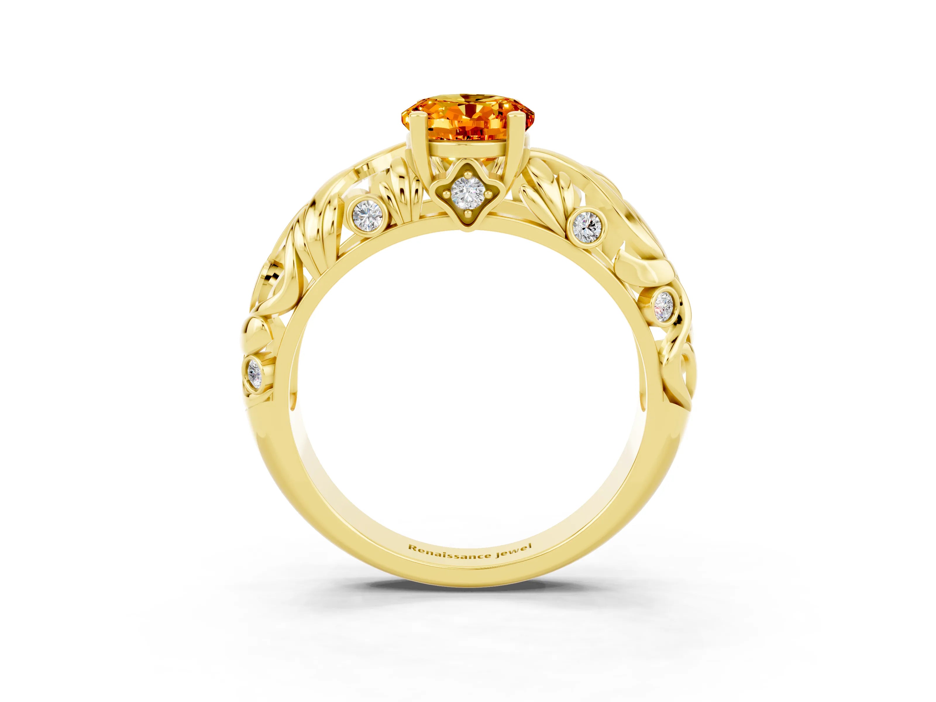 Yellow gold Oval Cut Solitaire Citrine Leaf-Inspired Vine Band Ring with Prong Setting_3