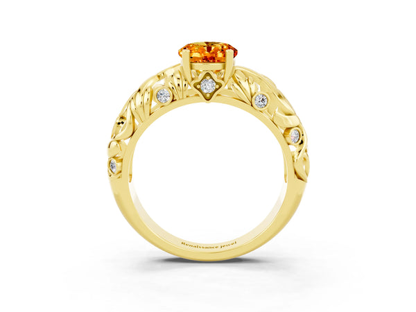 Yellow gold Oval Cut Solitaire Citrine Leaf-Inspired Vine Band Ring with Prong Setting