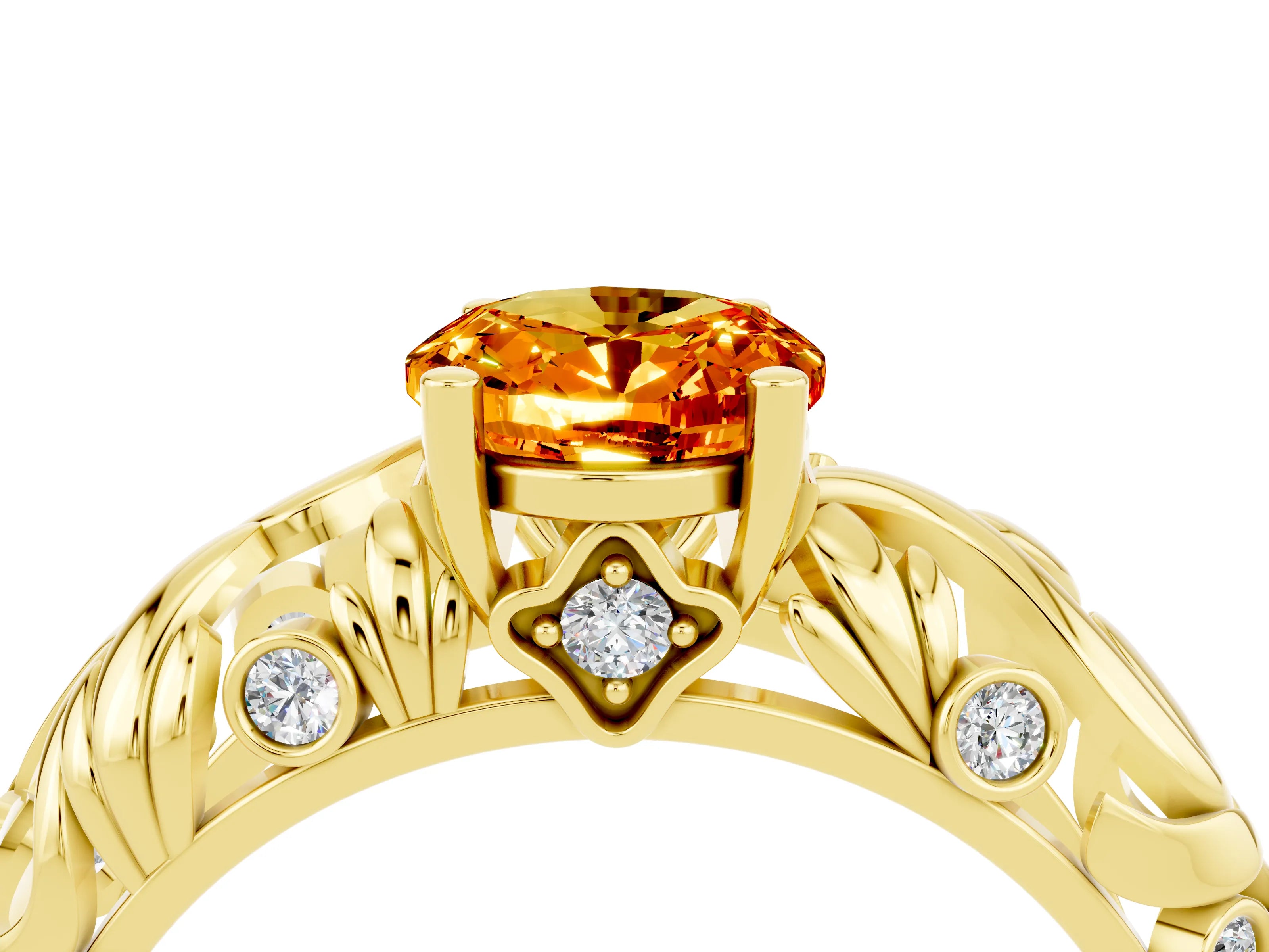 Yellow gold Oval Cut Solitaire Citrine Leaf-Inspired Vine Band Ring with Prong Setting_4