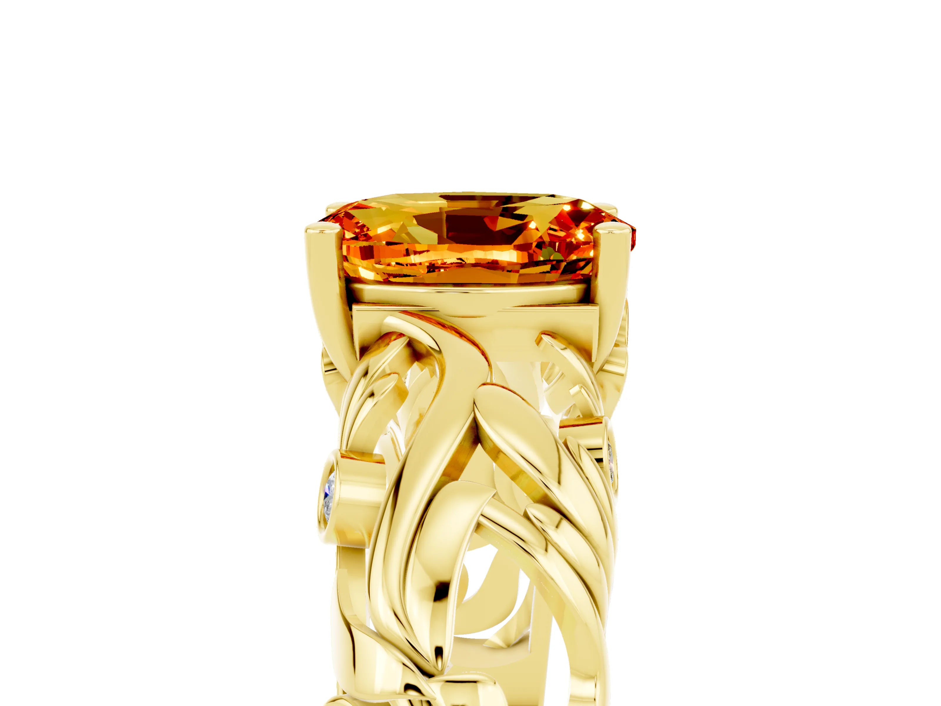 Yellow gold Oval Cut Solitaire Citrine Leaf-Inspired Vine Band Ring with Prong Setting_5
