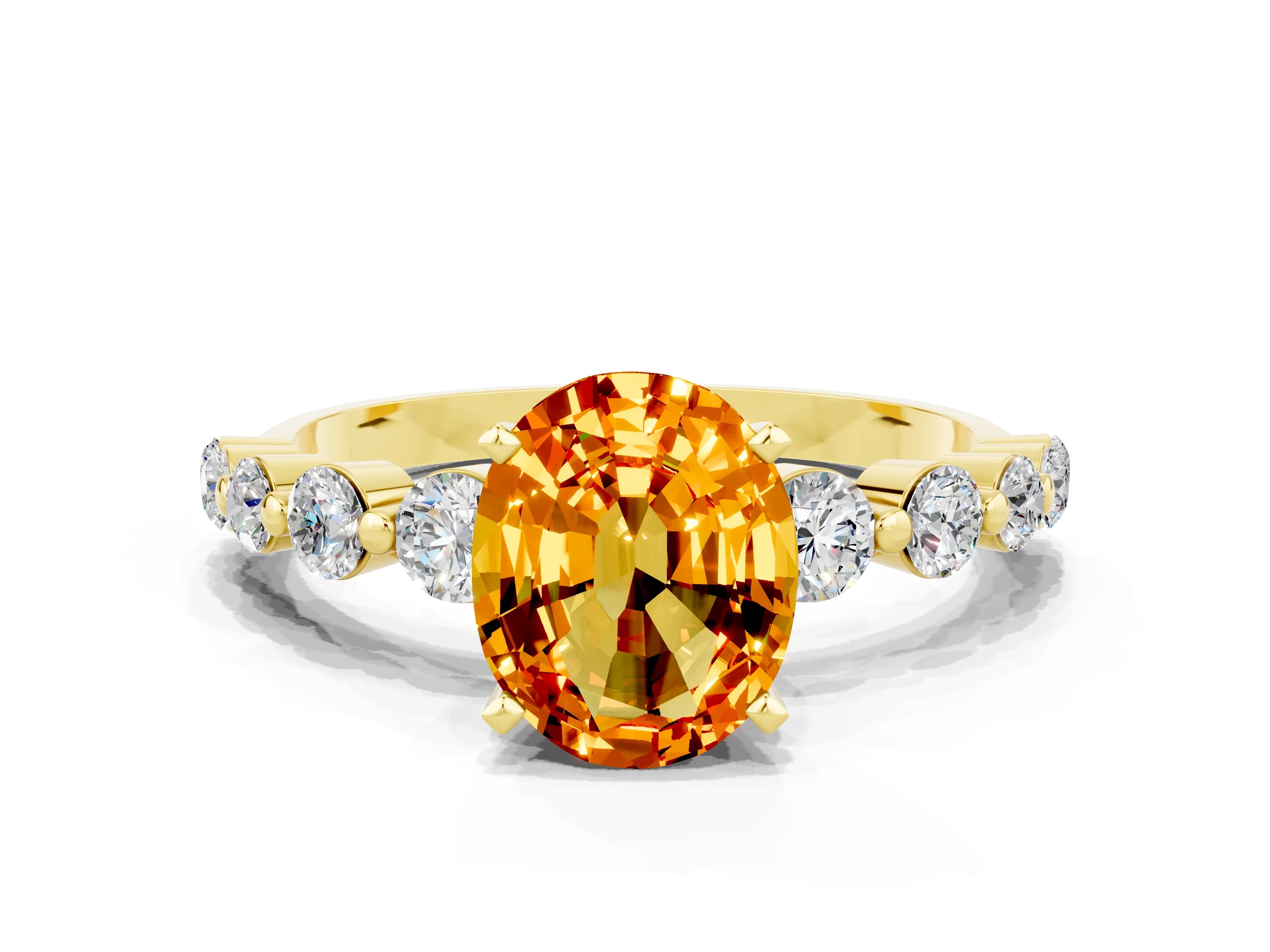 Yellow gold Oval Cut Solitaire Citrine Ring with Pave Band and Four-Prong Setting
