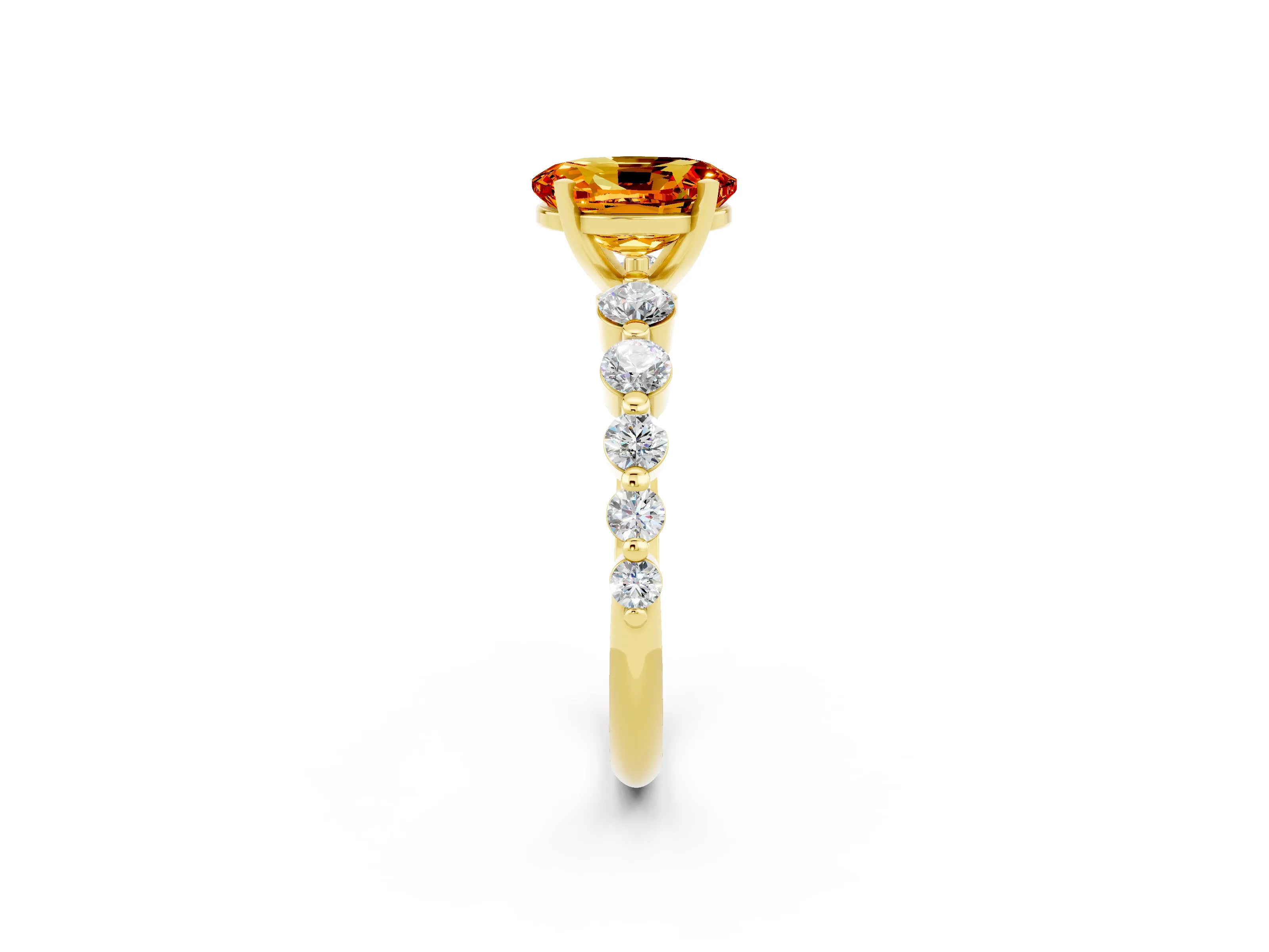 Yellow gold Oval Cut Solitaire Citrine Ring with Pave Band and Four-Prong Setting_2