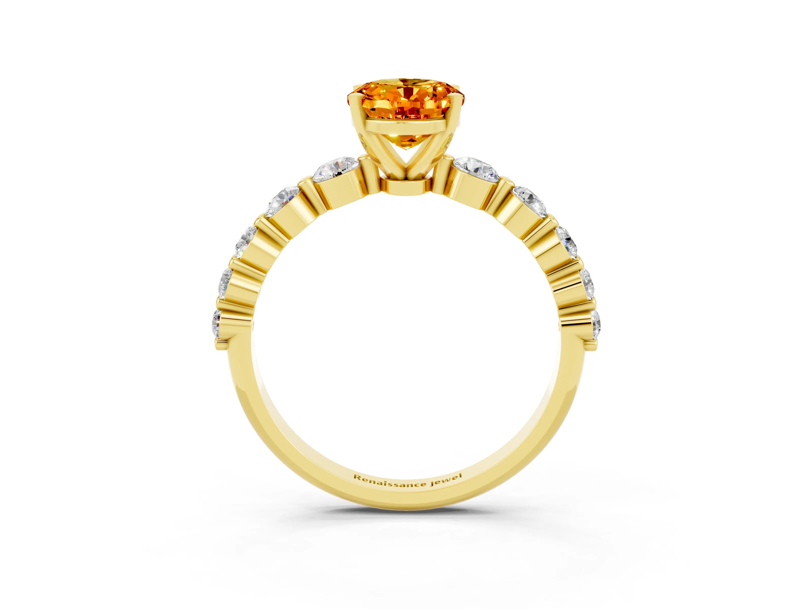 Yellow gold Oval Cut Solitaire Citrine Ring with Pave Band and Four-Prong Setting_3