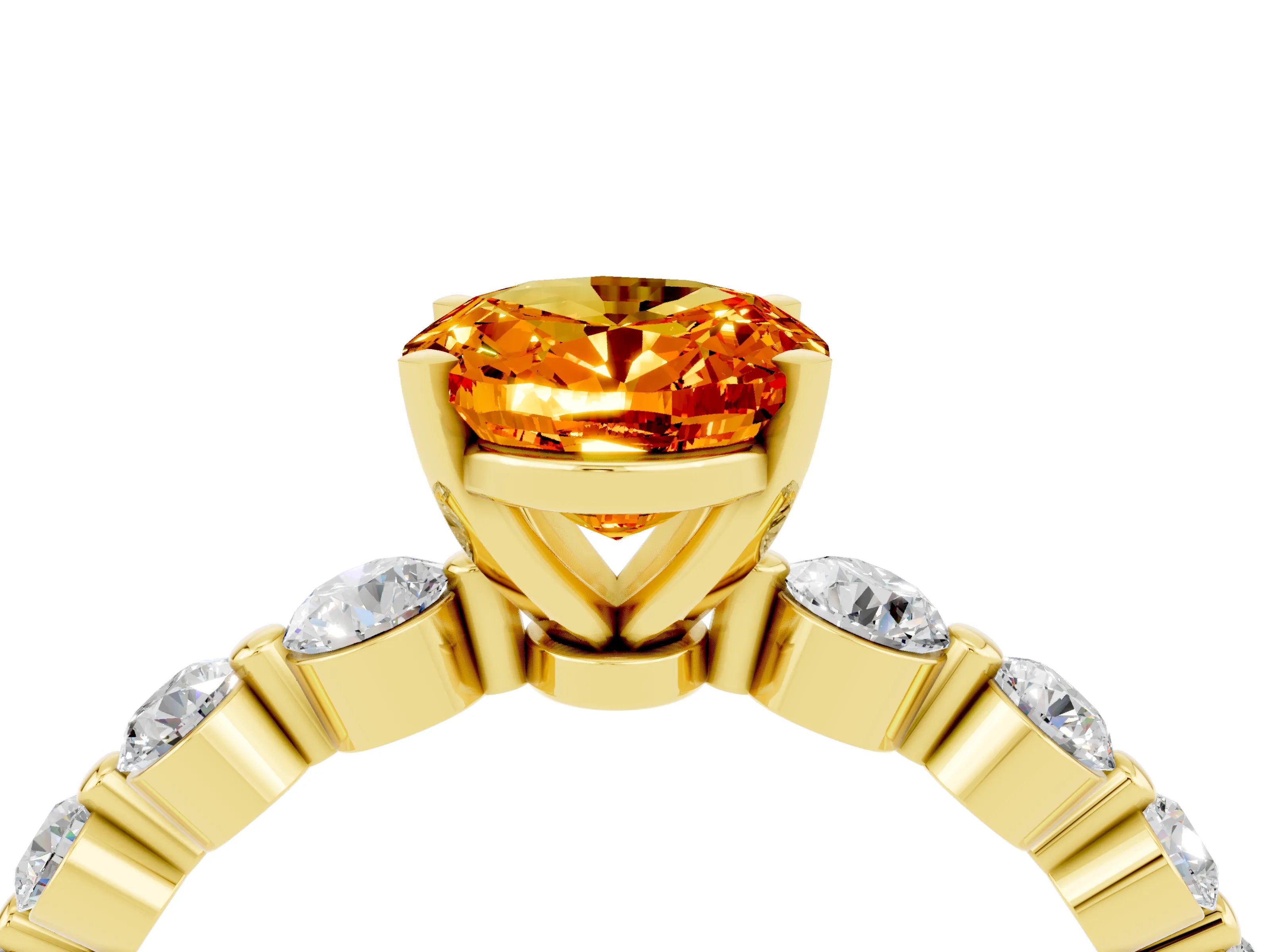 Yellow gold Oval Cut Solitaire Citrine Ring with Pave Band and Four-Prong Setting_4