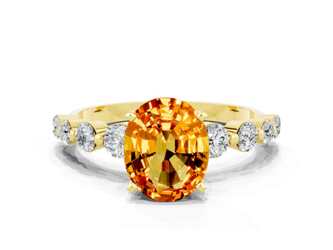 Yellow gold Oval Cut Solitaire Citrine Ring with Pave Band and Four-Prong Setting