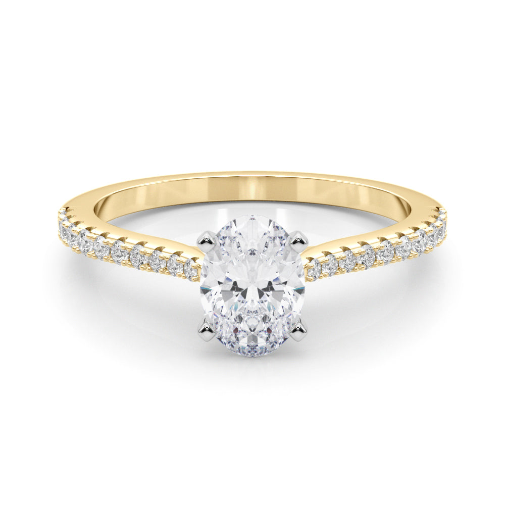 Yellow gold Oval Cut Solitaire Diamond Engagement Ring with Pave Band and Four-Prong Setting 1