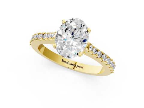 Yellow gold Oval Cut Solitaire Diamond Engagement Ring with Pave Band and Four-Prong Setting_144
