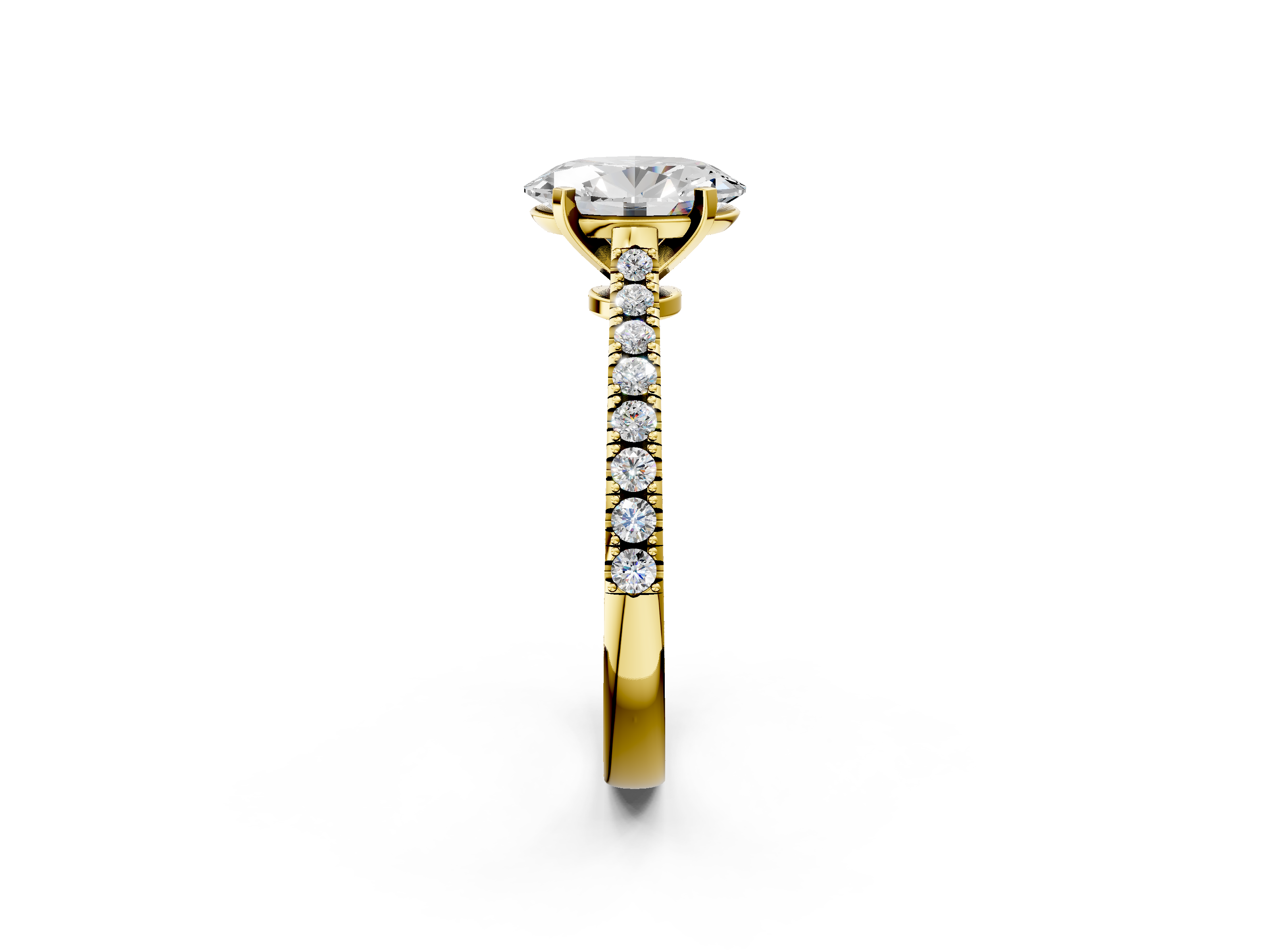 Yellow gold Oval Cut Solitaire Diamond Engagement Ring with Pave Band and Four-Prong Setting_145