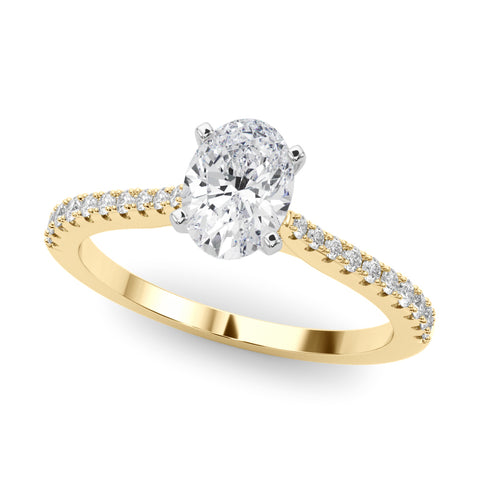 Yellow gold Oval Cut Solitaire Diamond Engagement Ring with Pave Band and Four-Prong Setting