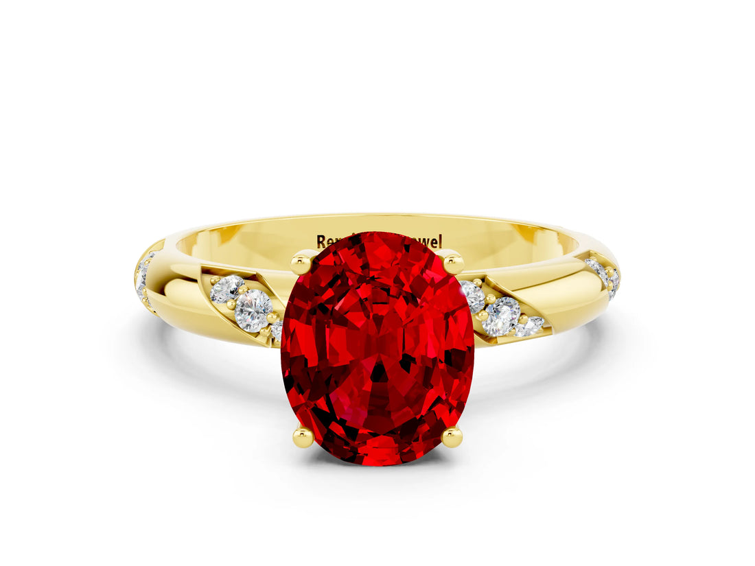 Yellow gold Oval Cut Solitaire Diamond Engagement Ring with Twisted Pave Band and Four-Prong Setting