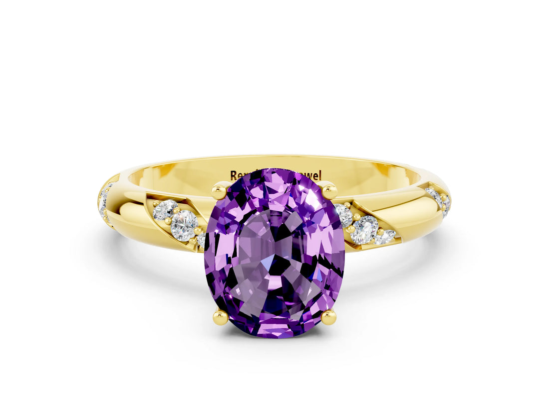 Yellow gold Oval Cut Solitaire Diamond Engagement Ring with Twisted Pave Band and Four-Prong Setting