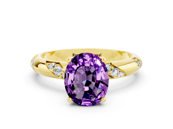 Yellow gold Oval Cut Amethyst Solitaire Engagement Ring with Twisted Round  Accent Band and Prong Setting